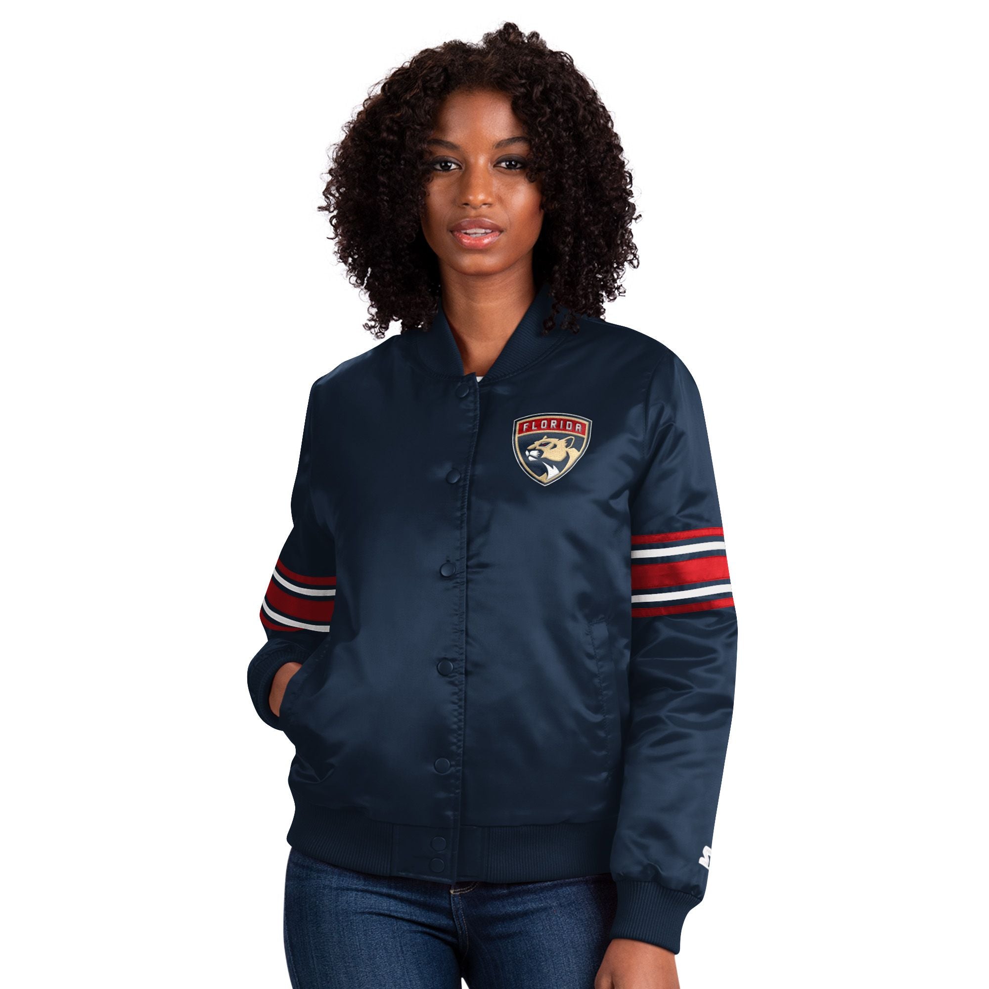 Blue Quilted Satin Bomber Jacket With Embroidery | SilkFred US