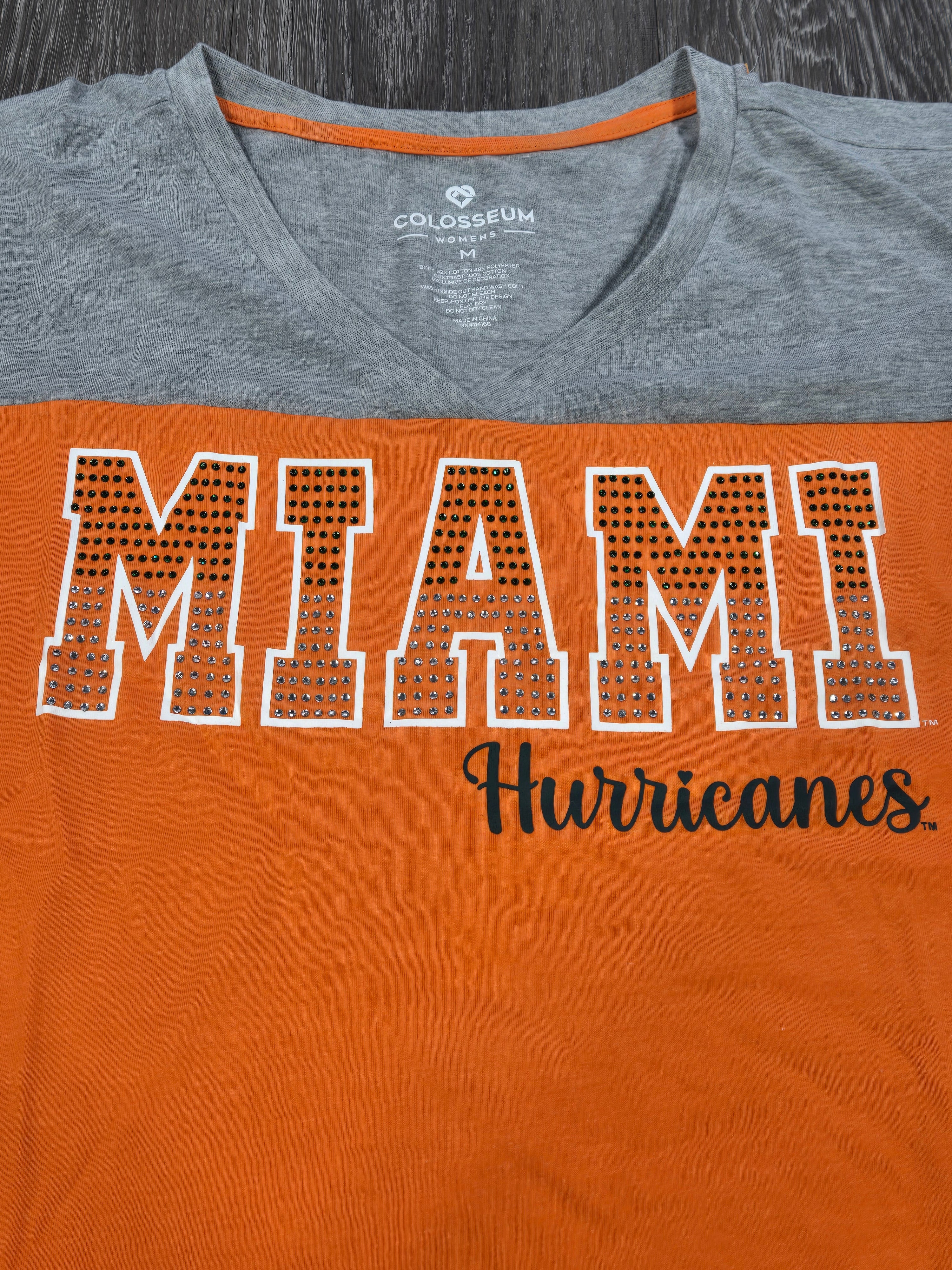 Miami Hurricanes Colosseum Women's Treasure V-Neck Raglan T-Shirt w/ Rhinestones - Orange Grey