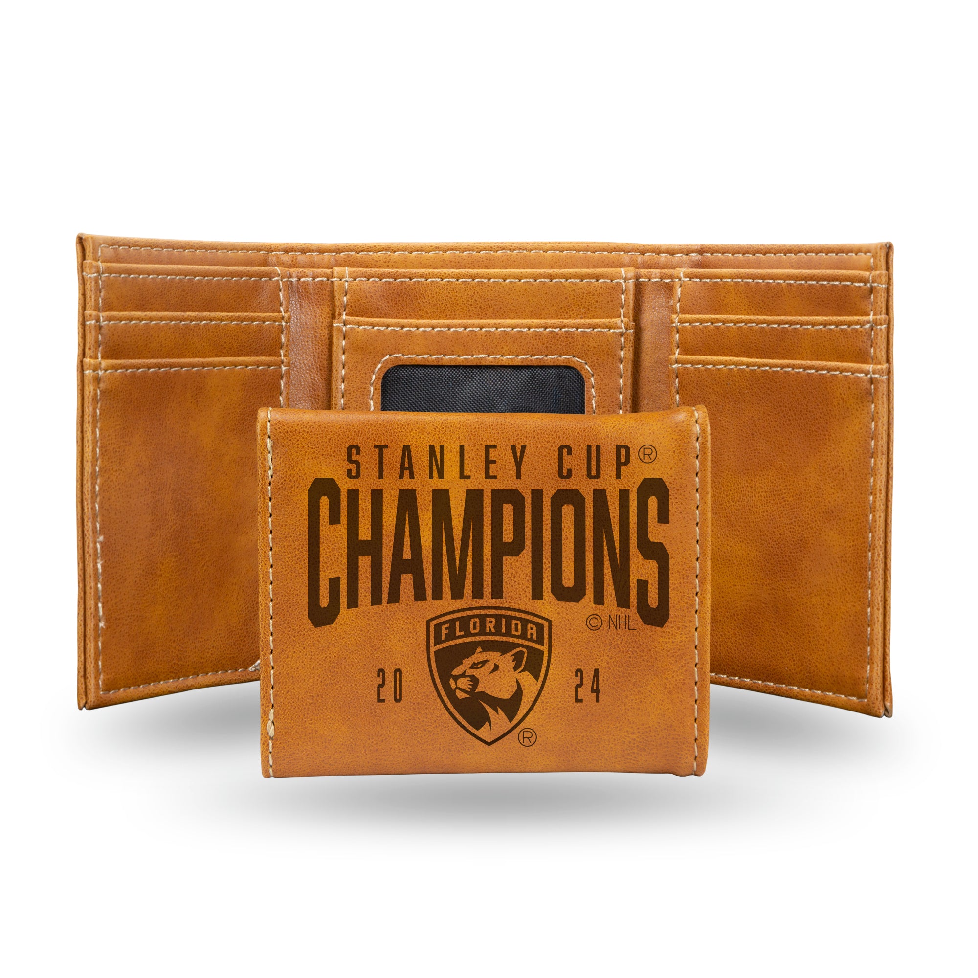 Florida Panthers 2024 Stanley Cup Champions Laser Engraved Trifold Wallet - Tan