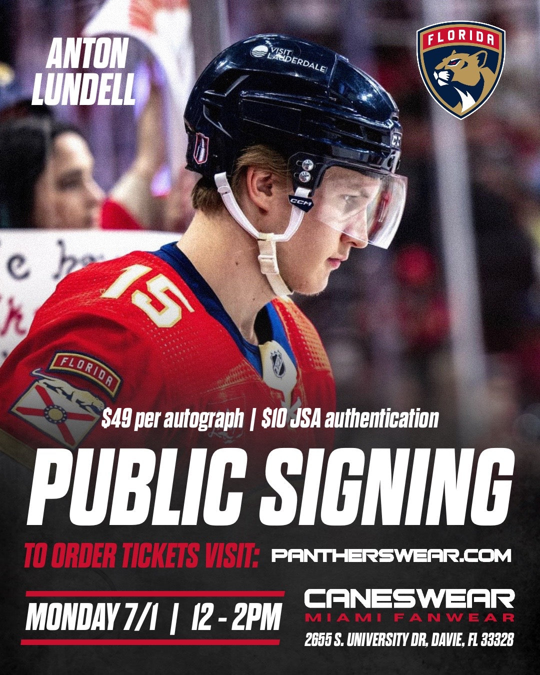 Florida Panthers Anton Lundell Autograph Ticket