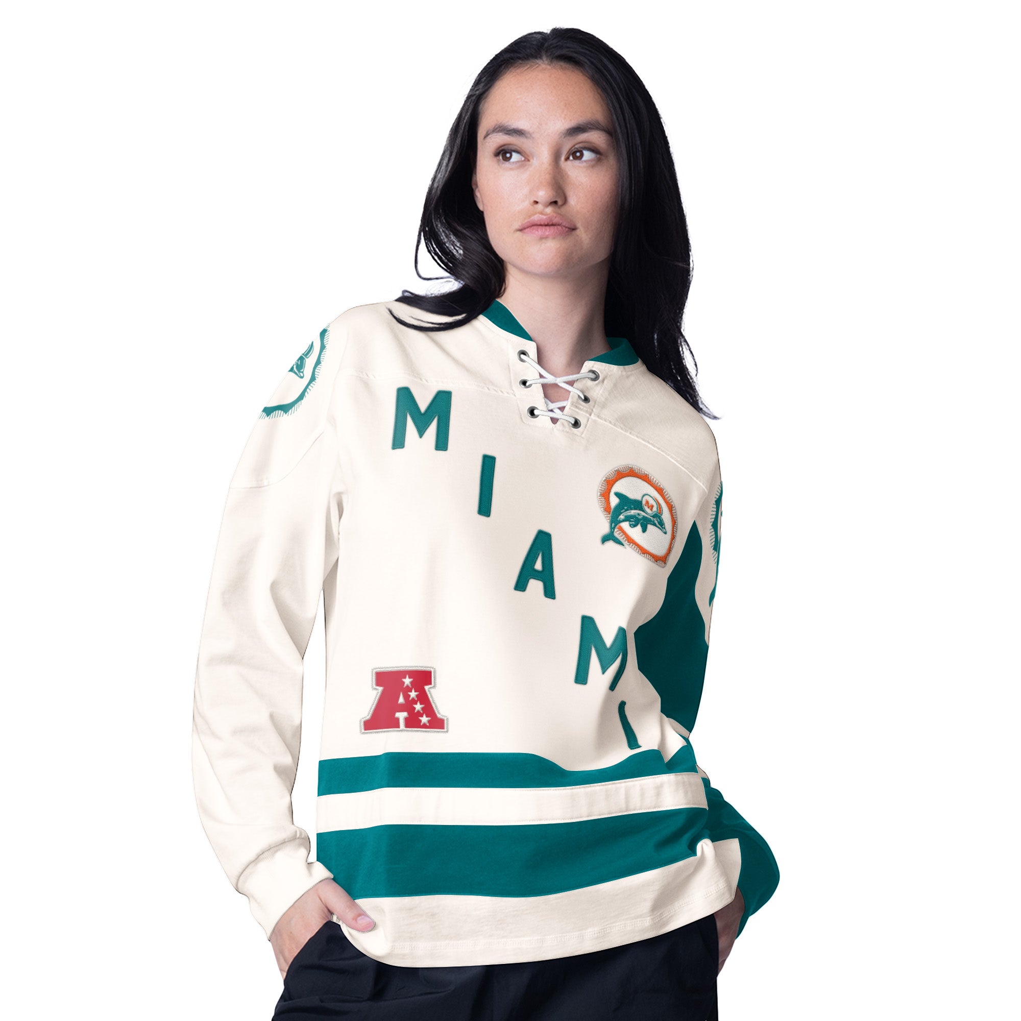 Miami Dolphins Women's Starter Historic Laced Pullover - Cream/Aqua