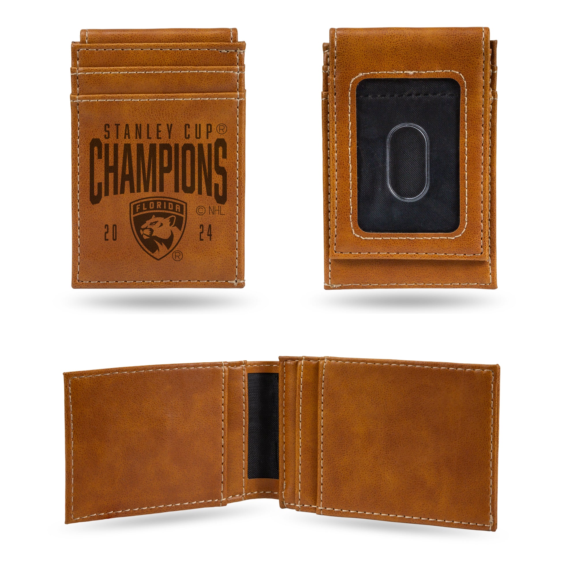 Florida Panthers 2024 Stanley Cup Champions Laser Engraved Front Pocket Wallet - Tan