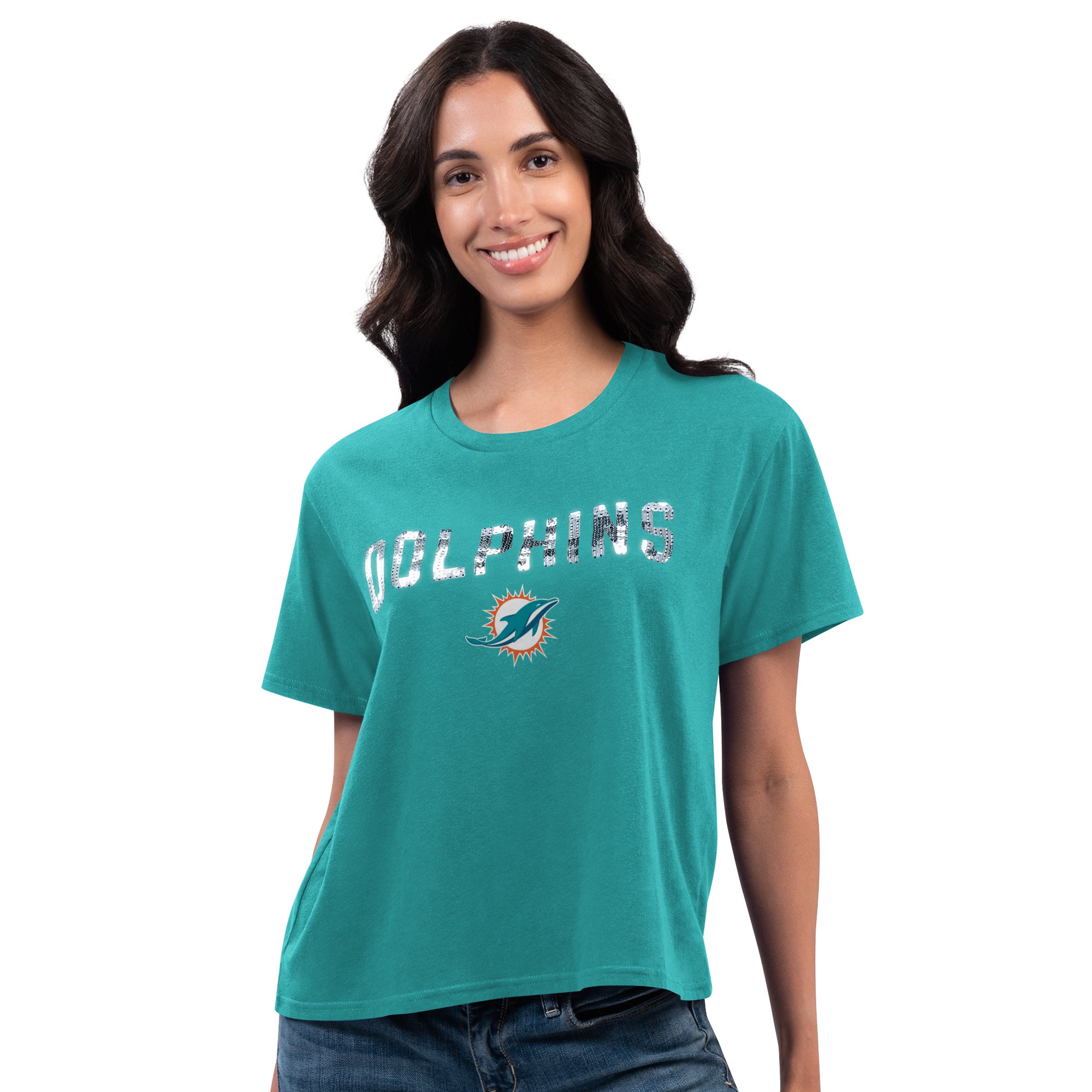 Miami Dolphins G- lll  4Her Women's Glitter T-Shirt - Aqua