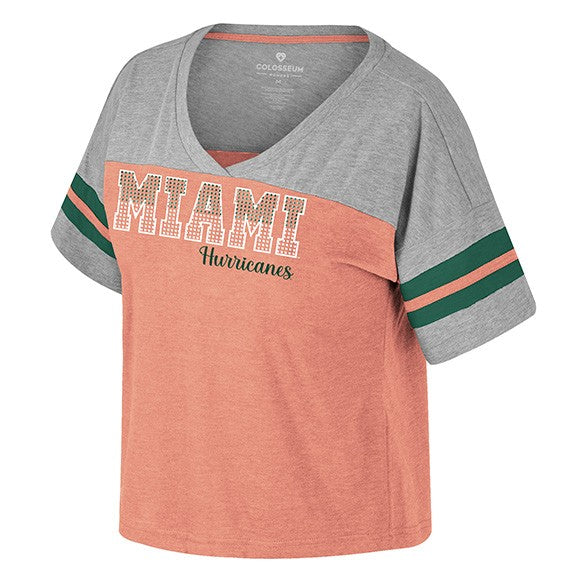 Miami Hurricanes Colosseum Women's Treasure V-Neck Raglan T-Shirt w/ Rhinestones - Orange Grey