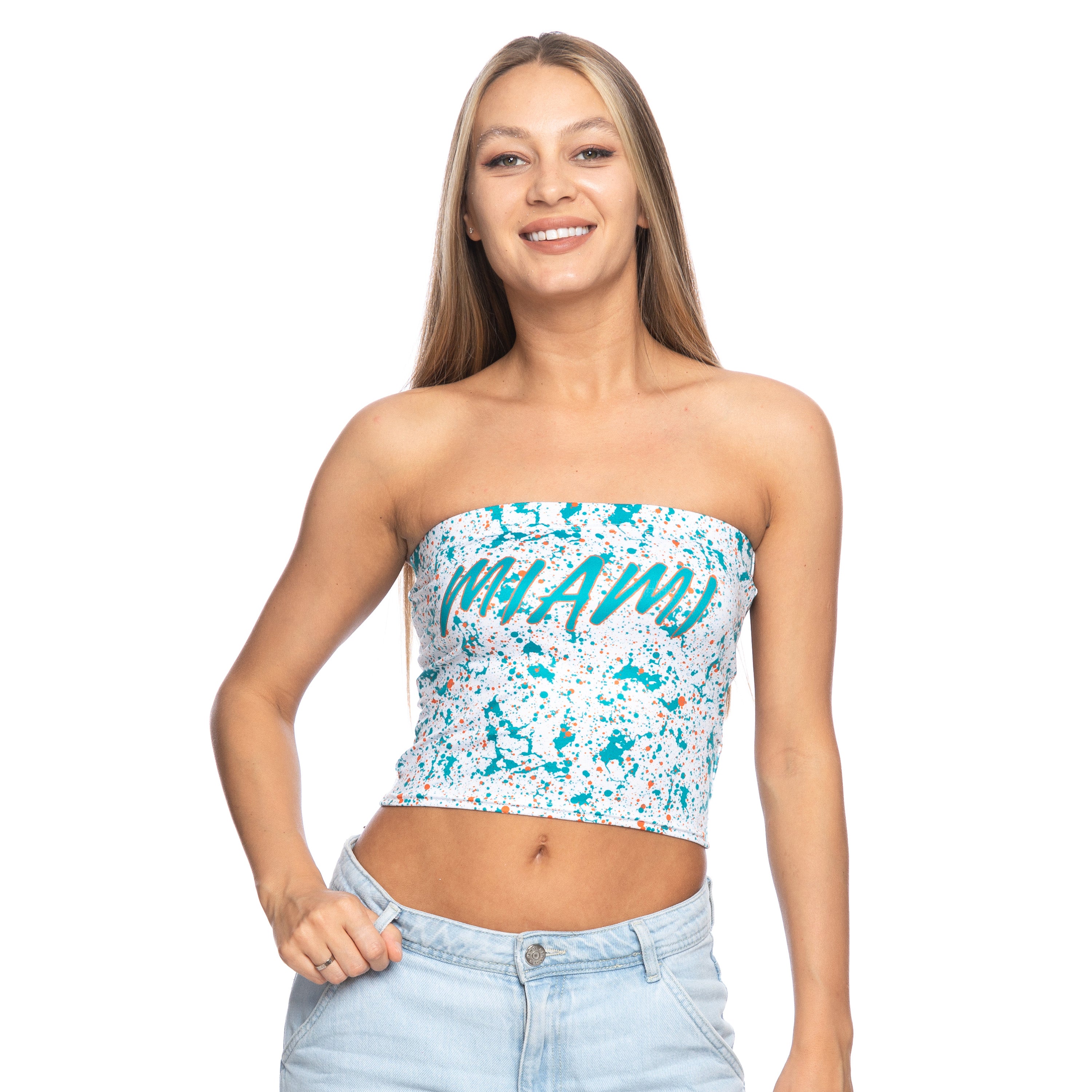 Miami Dolphins ZooZatz Paint Splatter Tube Top - White/Aqua