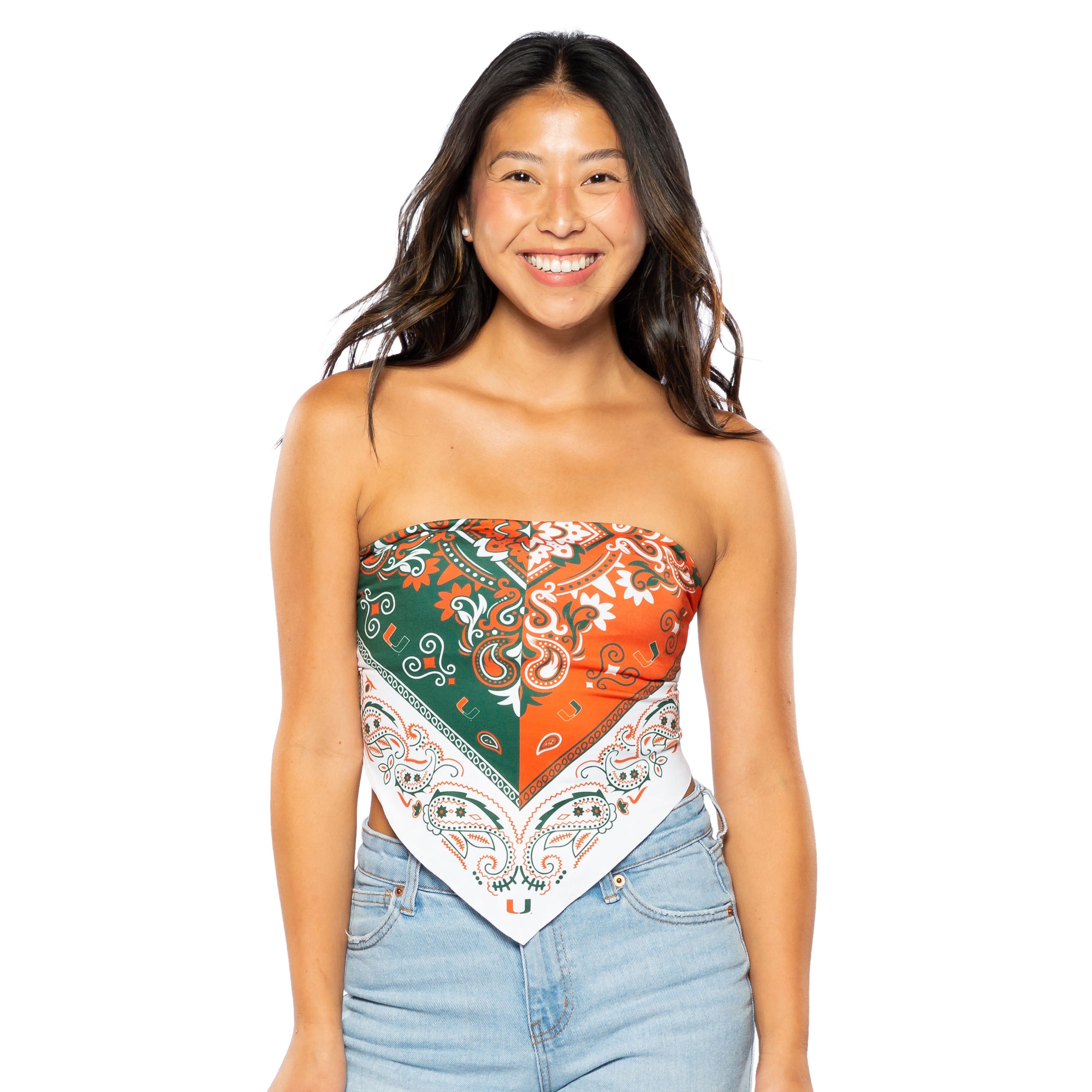 Miami Hurricanes ZooZatz Women's Tie Back Paisley Bandana Bandeau - Orange/Green