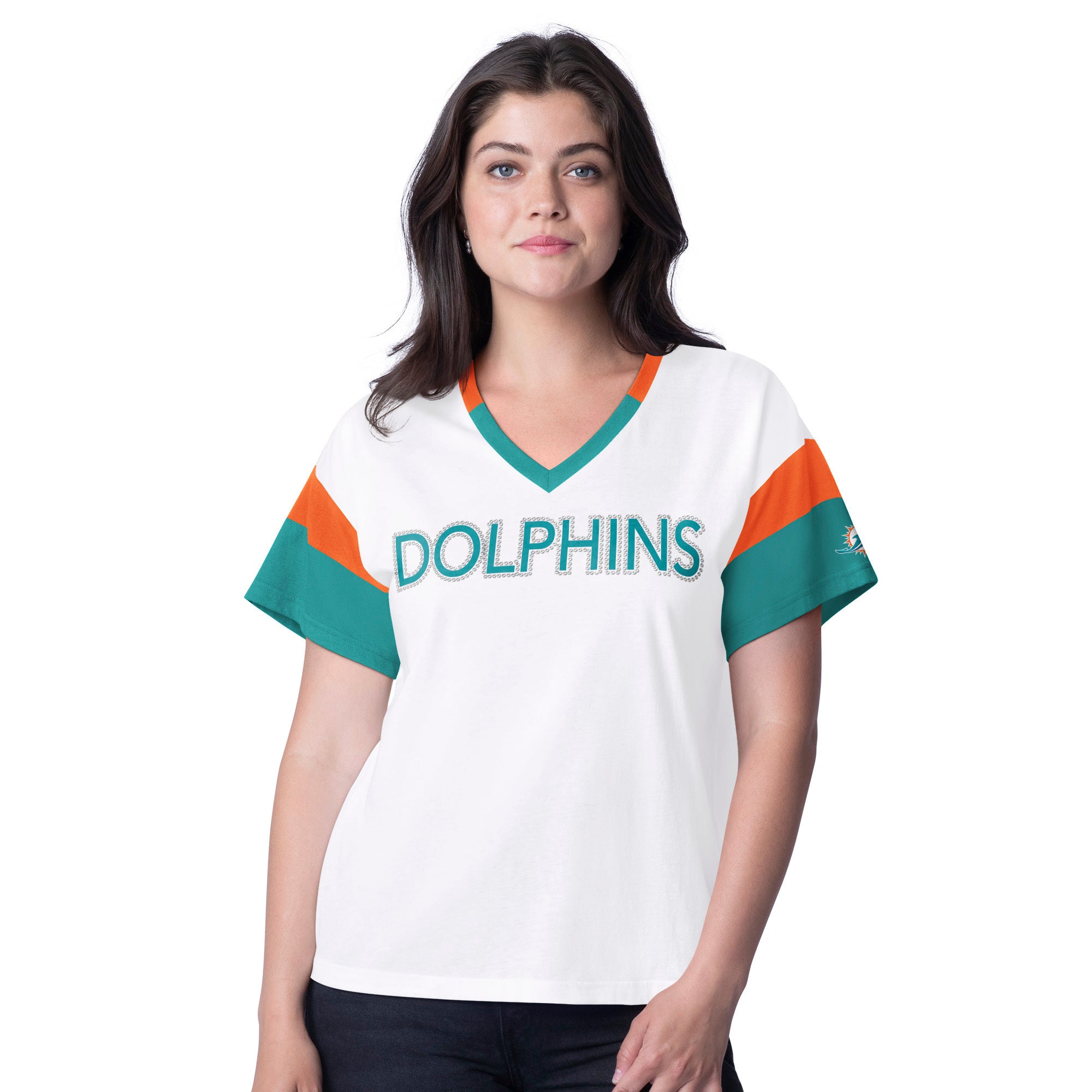 Miami Dolphins Glll  Women's  V-Neck T-Shirt - White / Aqua / Orange