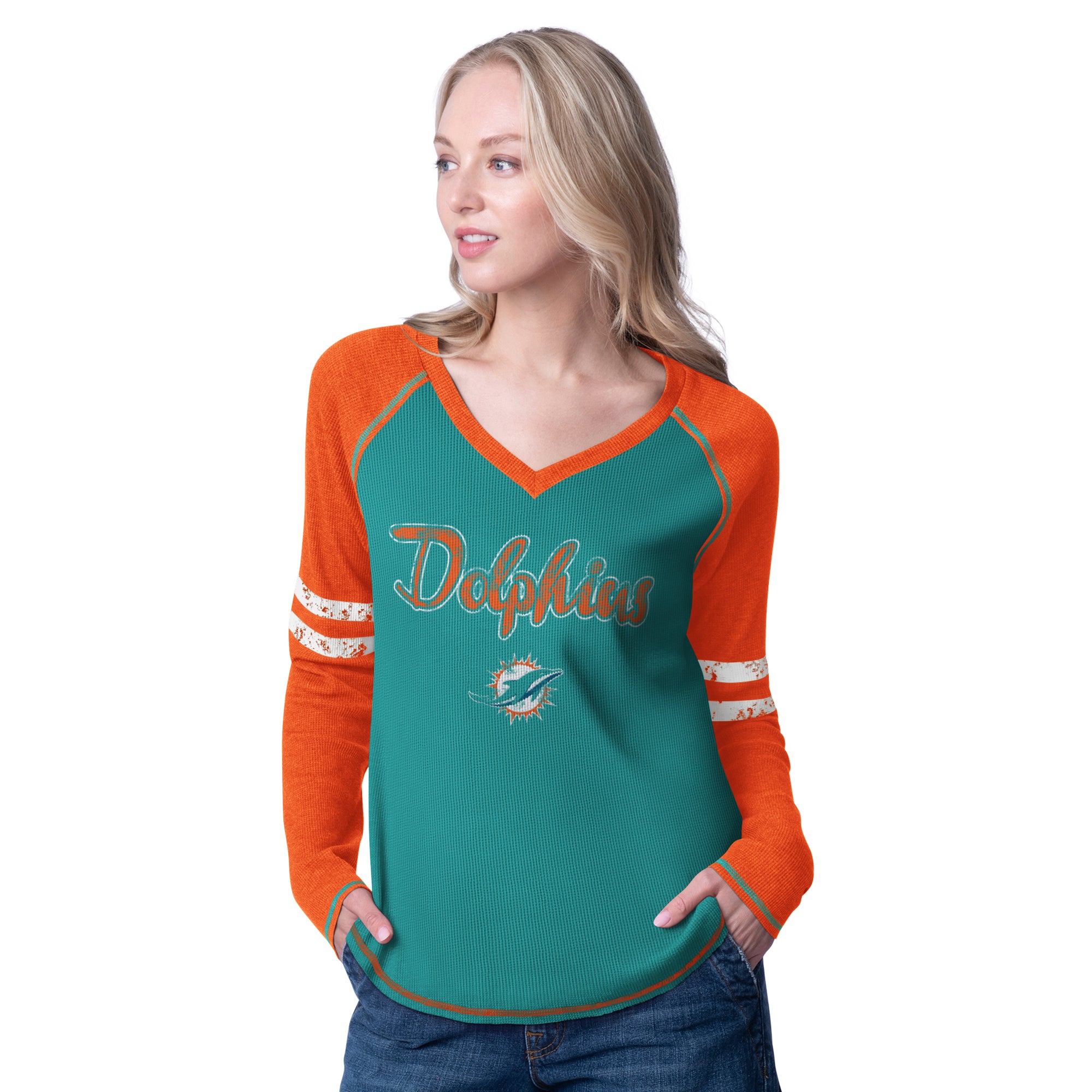 Miami Dolphins Glll  Women's  L/S V-Neck T-Shirt - Aqua / Orange