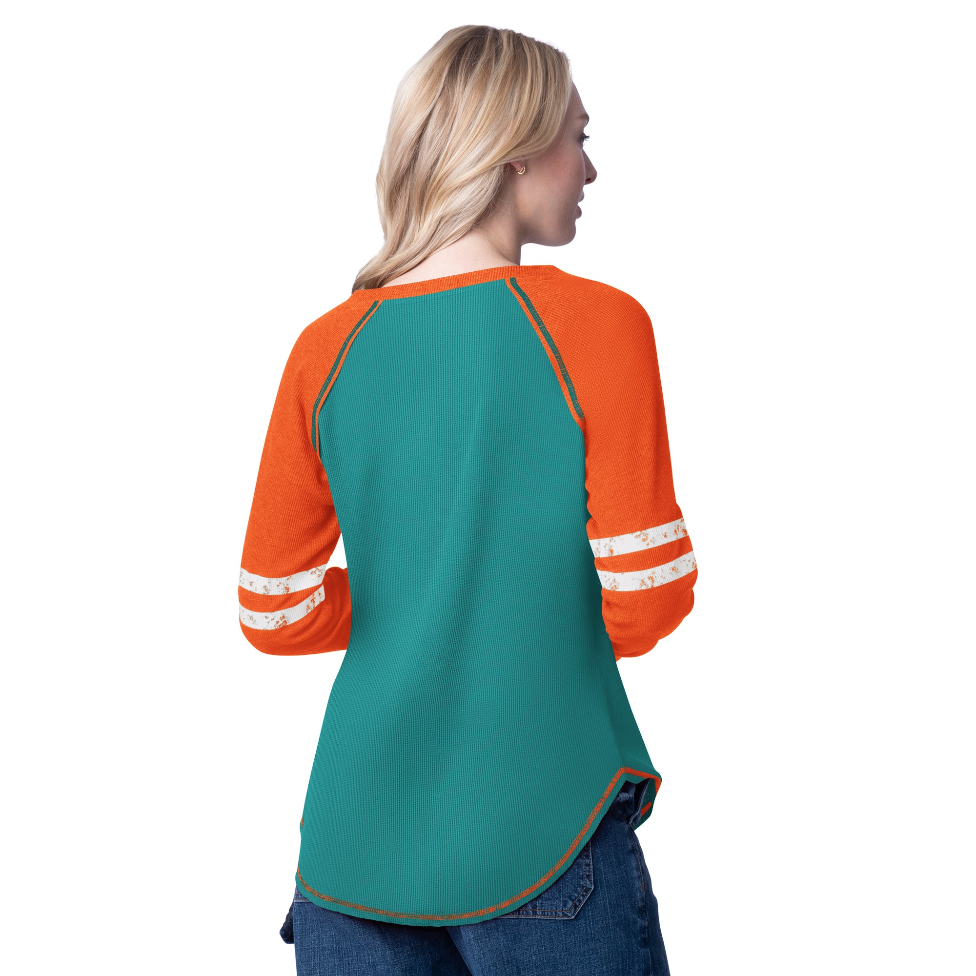 Miami Dolphins Glll  Women's  L/S V-Neck T-Shirt - Aqua / Orange