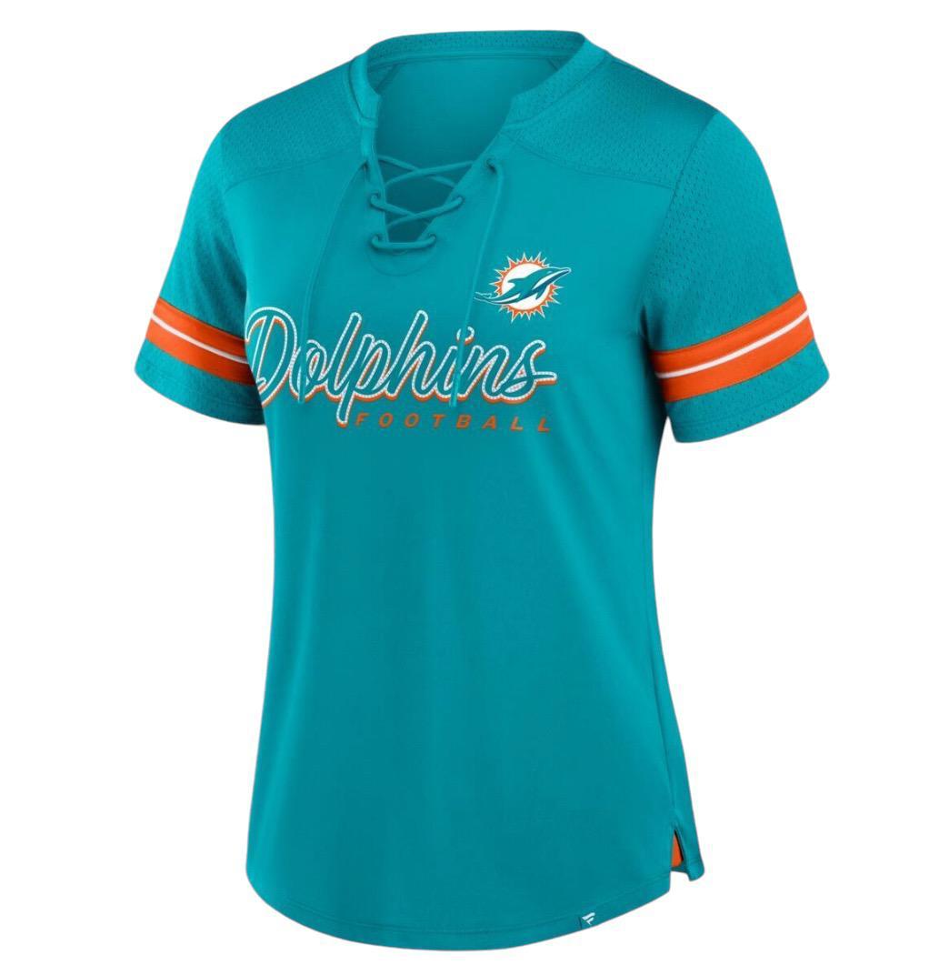 Miami Dolphins Fanatics Women's Play Script Bling Lace-Up T-Shirt - Aqua