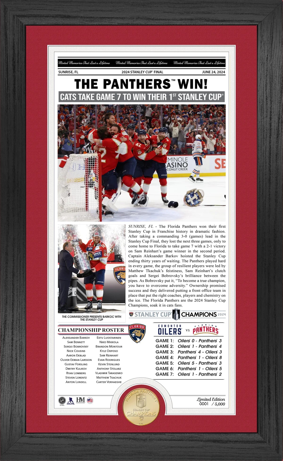 Florida Panthers 2024 Stanley Cup Champions Front Page News Bronze Coin Photo Mint