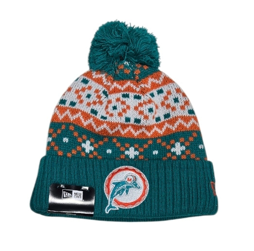 Miami Dolphins New Era Child/Youth Historic Logo Nostalgia Ugly Sweater Knit Pom Cap - Aqua