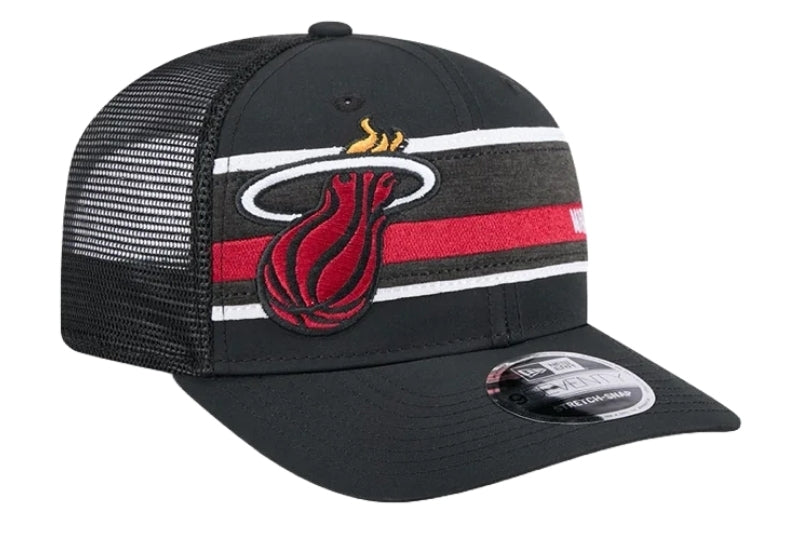 Miami Heat New Era 9Seventy Trucker Striped Mesh Back Stretch-Snap Hat - Black