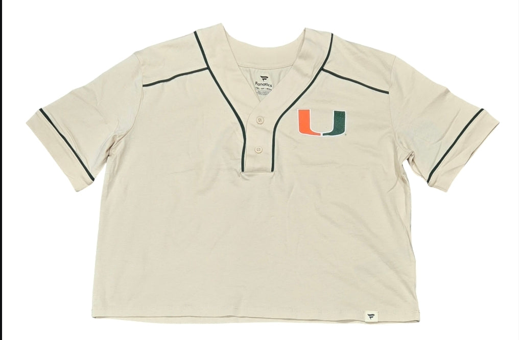 Miami Hurricanes Fanatics Dominant Force Crop Baseball Jersey T-Shirt - Tan