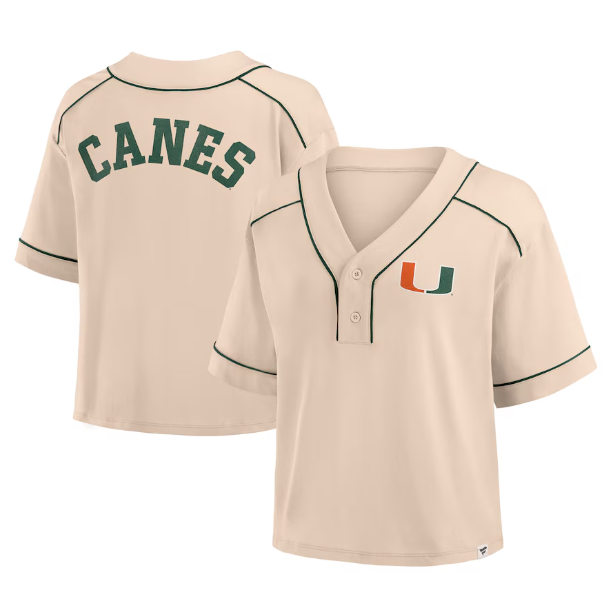 Miami Hurricanes Fanatics Dominant Force Crop Baseball Jersey T-Shirt - Tan