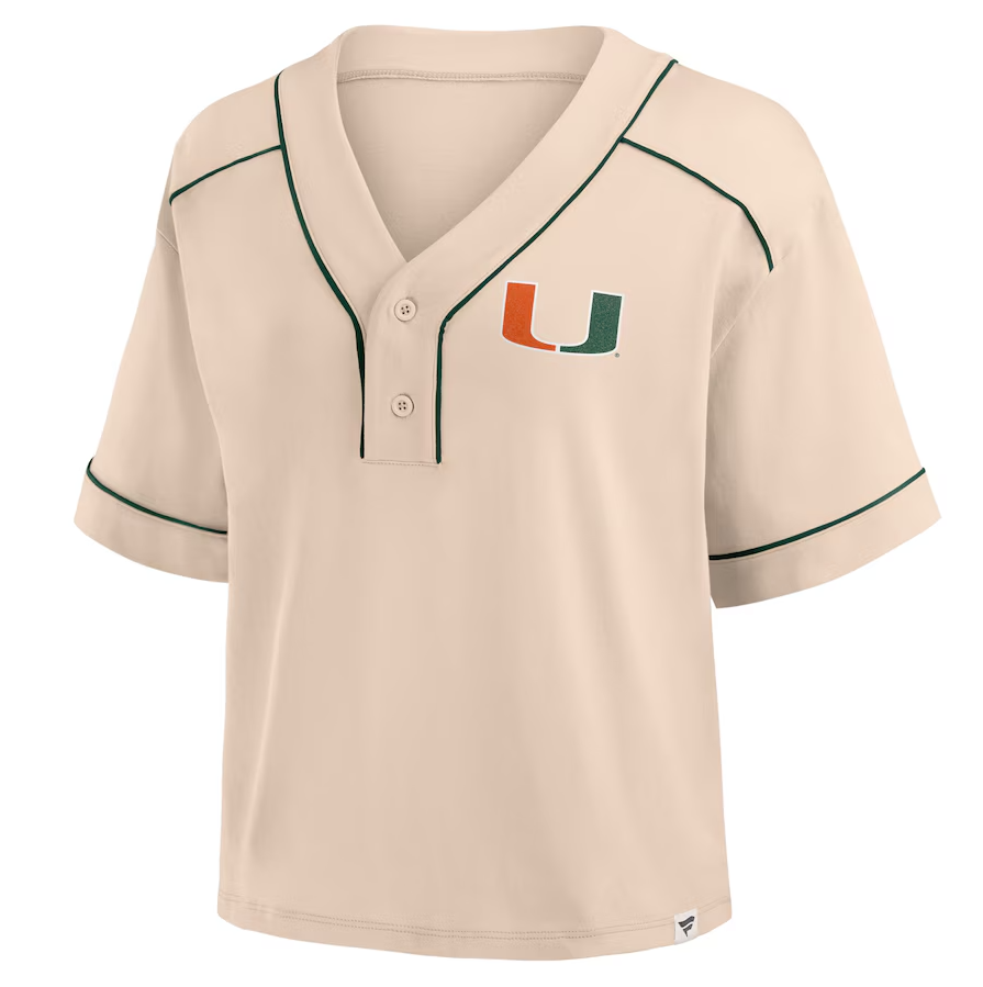 Miami Hurricanes Fanatics Dominant Force Crop Baseball Jersey T-Shirt - Tan