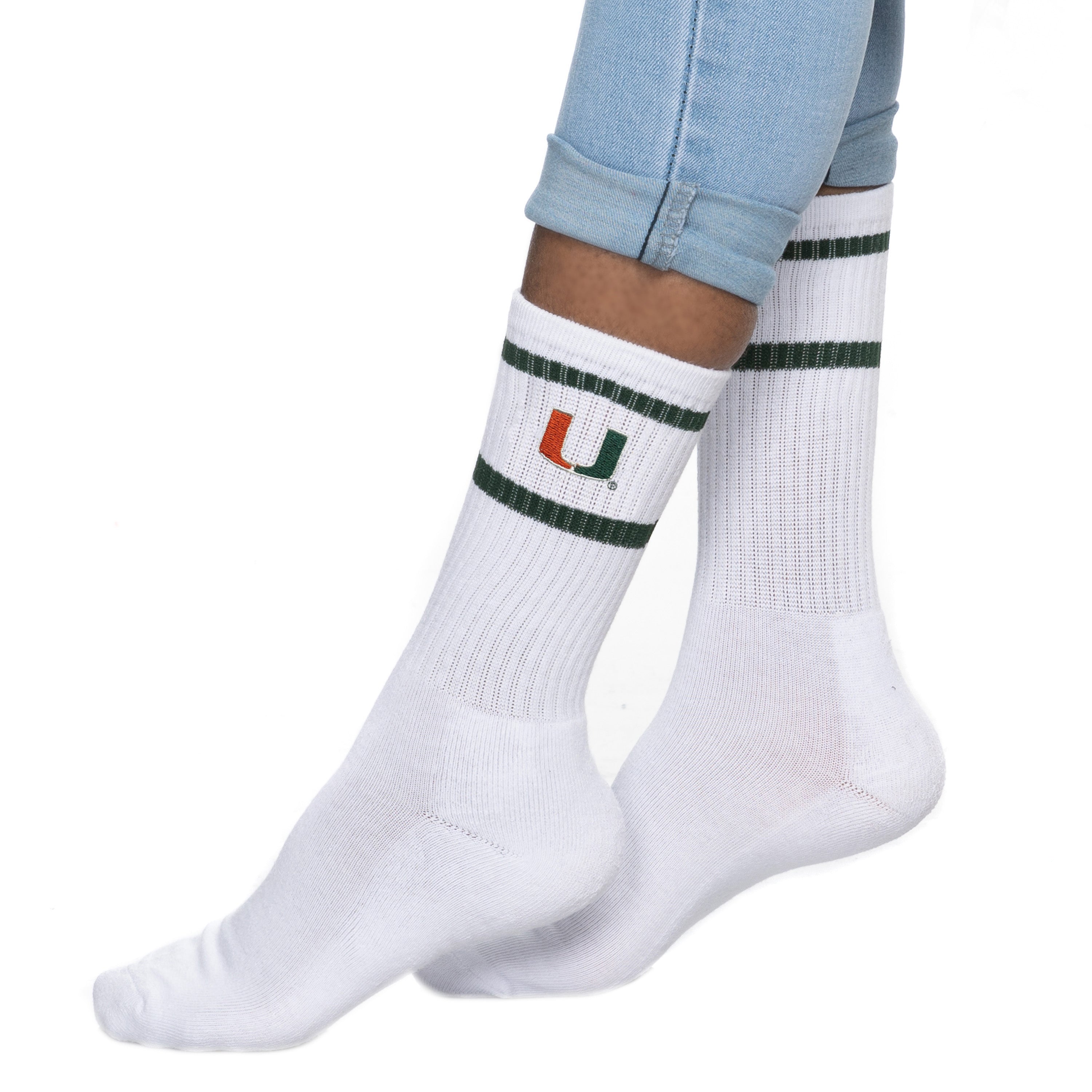 Miami Hurricanes ZooZatz U Striped Crew Socks - White