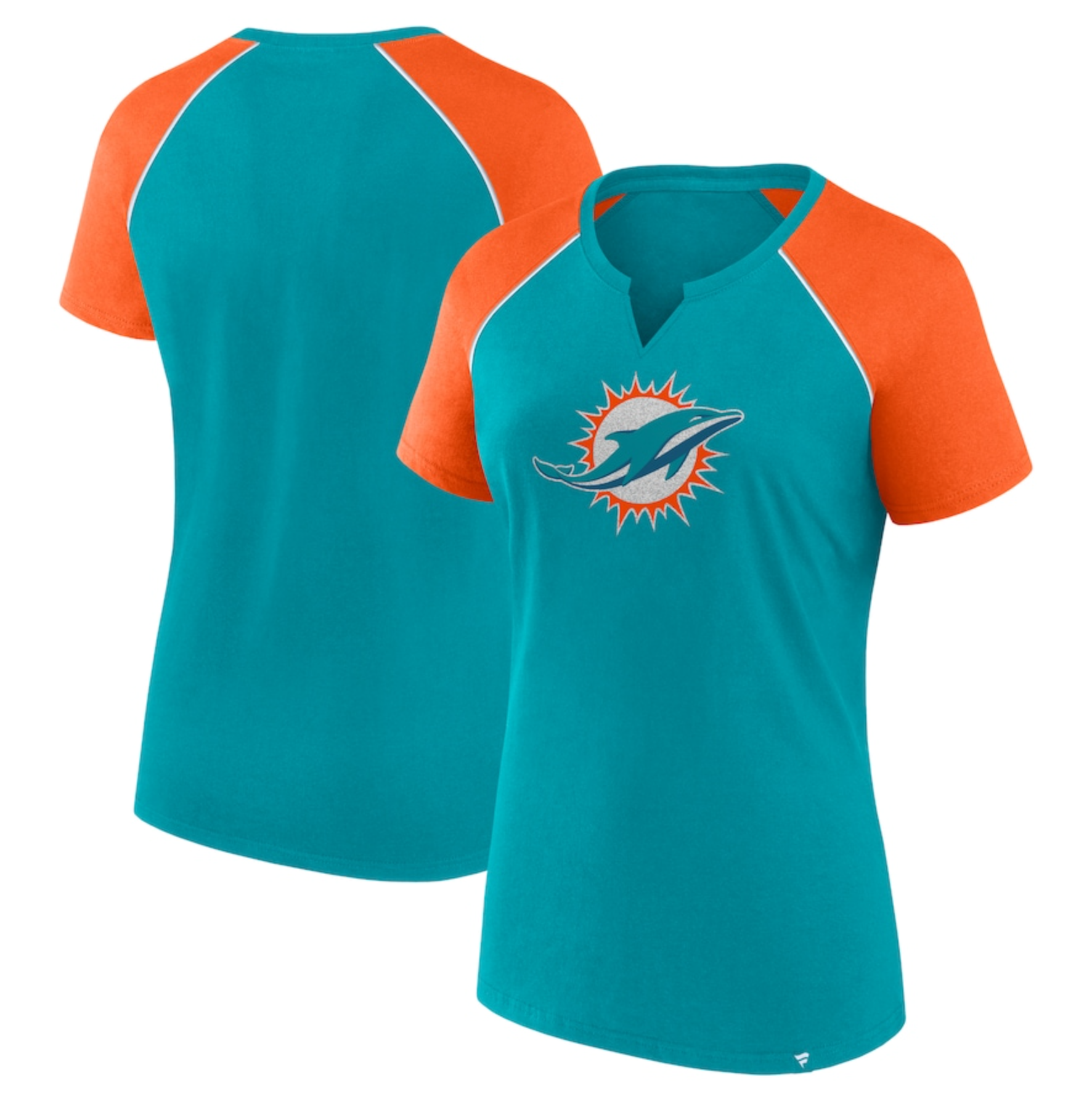 Miami Dolphins Fanatics Women's Glittered Raglan T-Shirt - Aqua/Orange