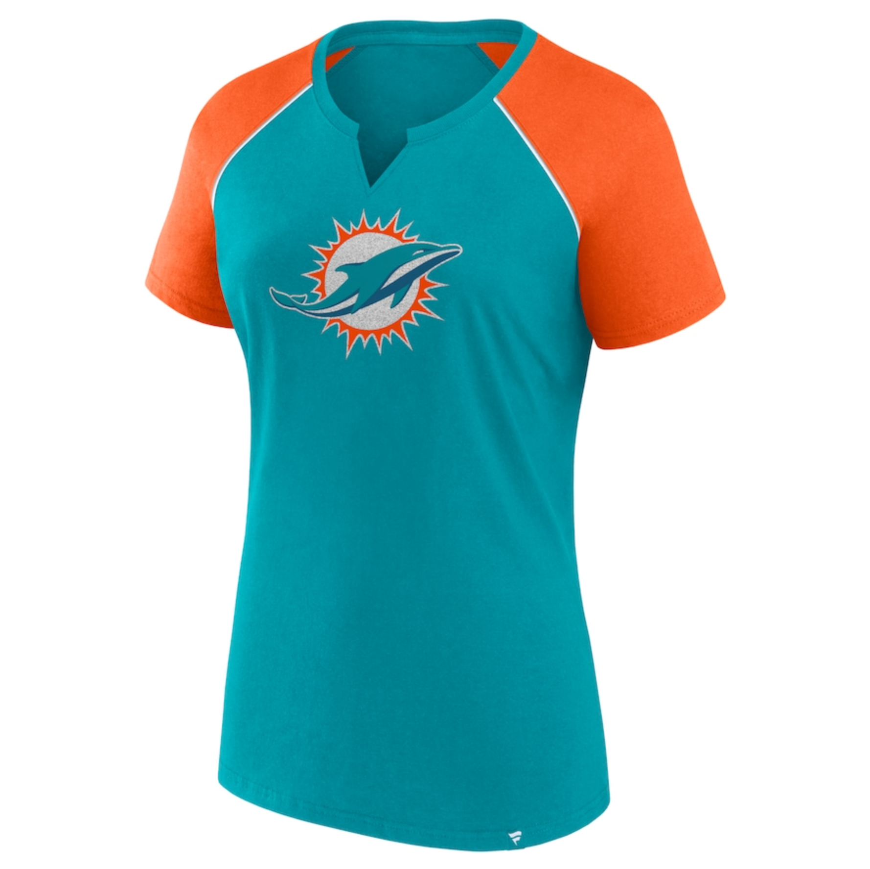 Miami Dolphins Fanatics Women's Glittered Raglan T-Shirt - Aqua/Orange