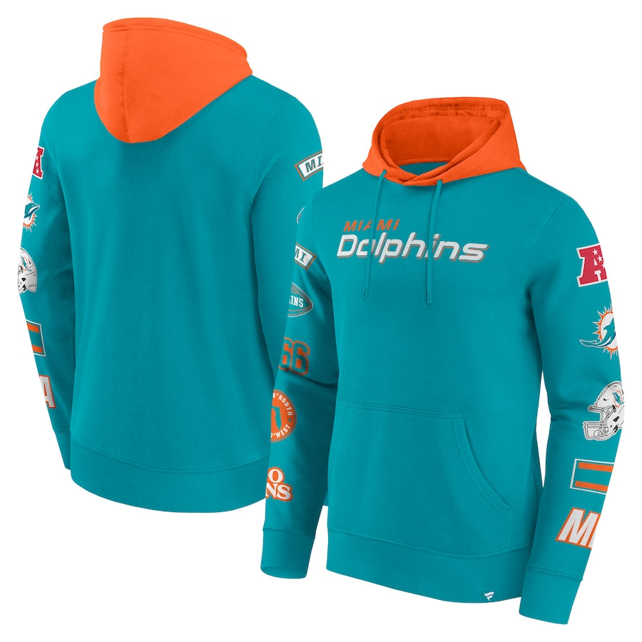 Miami Dolphins Fanatics Patched Out Sleeves Pullover Hoodie - Aqua/Orange