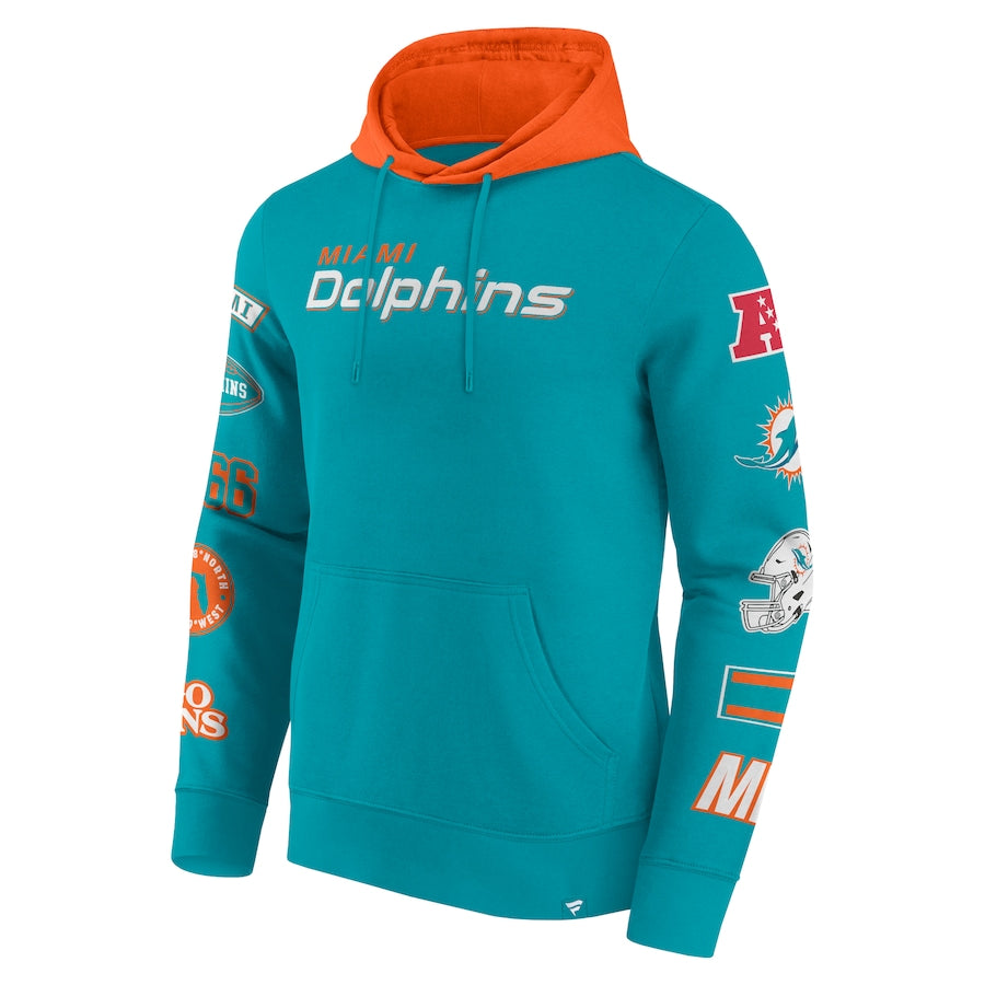 Miami Dolphins Fanatics Patched Out Sleeves Pullover Hoodie - Aqua/Orange