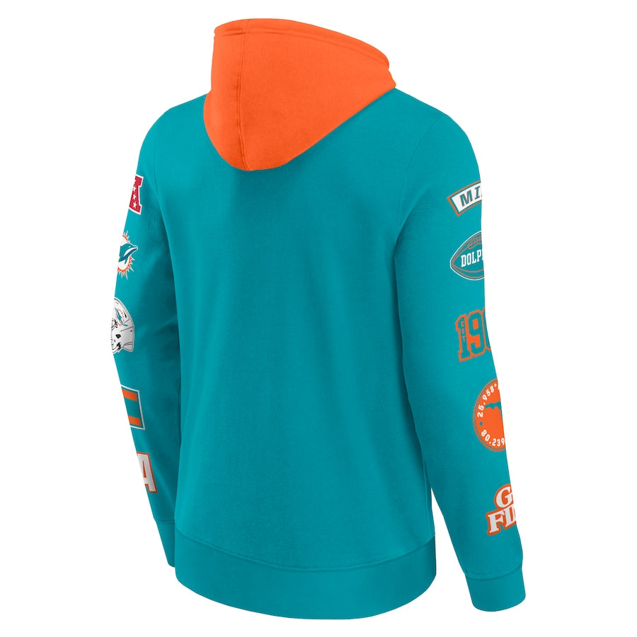 Miami Dolphins Fanatics Patched Out Sleeves Pullover Hoodie - Aqua/Orange