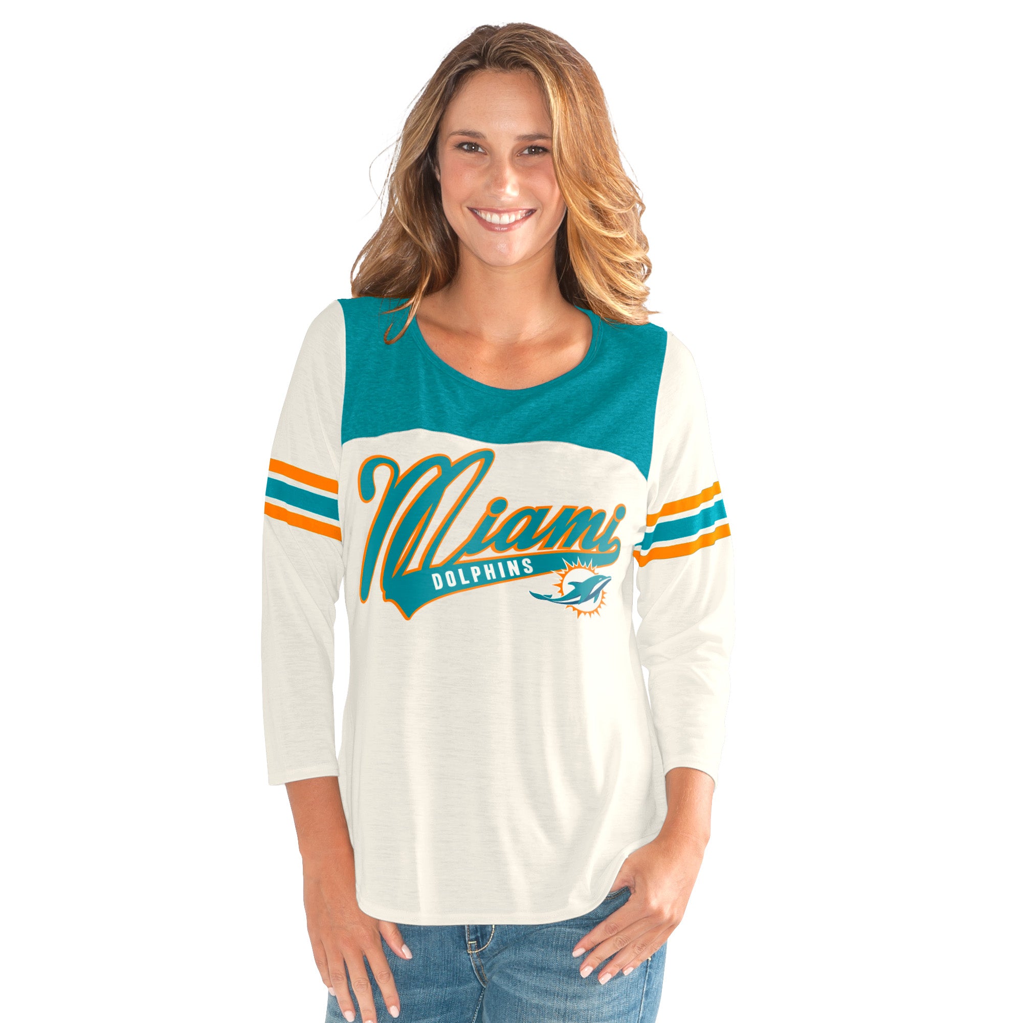 Miami Dolphins Women's Aqua Boxed 3/4 Sleeve T-Shirt - White