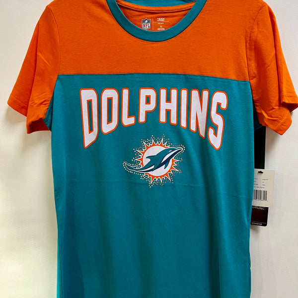 Miami Dolphins Women's G-III White Script Rhinestone Logo T-Shirt - Aqua/Orange S